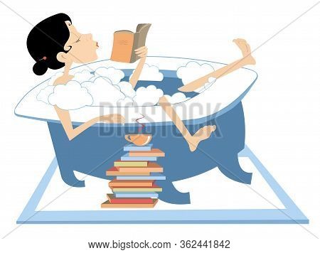 Woman Takes A Bath, Reads A Book And Drinks Coffee Or Tea Illustration. Smiling Young Woman Lies In 