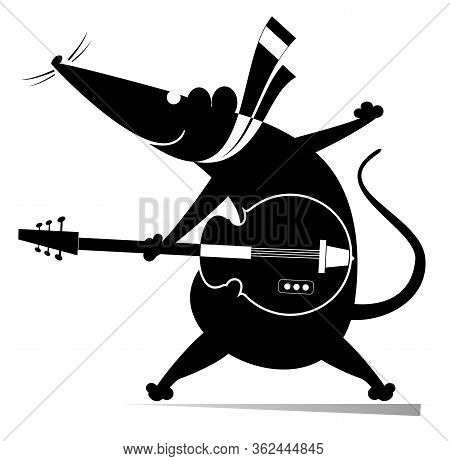 Cartoon Rat Or Mouse Plays Guitar Illustration. Rat Or Mouse Plays Guitar Silhouette Black On White