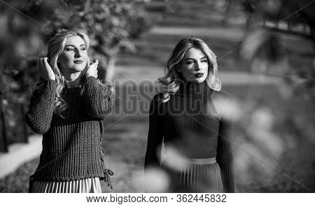 Autumn Park. Pleated Trend. Girls In Corrugated Skirt And Sweater. Female Beauty. Real Femininity. A