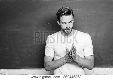 Happy Teachers Day. Man Teacher In Front Of Chalkboard. Teaching Could Be More Fun. Master Of Simpli