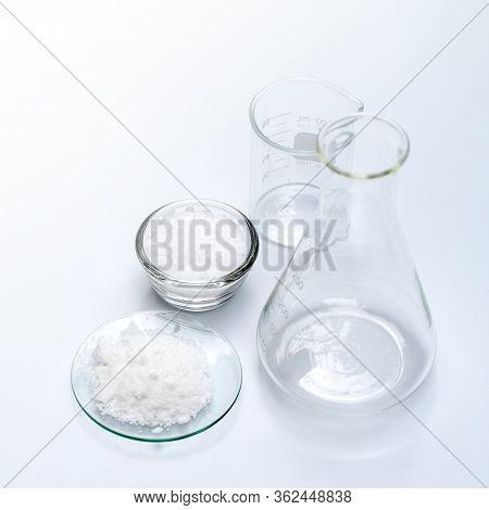 Cosmetic Chemicals Ingredient On Laboratory Table. Microcrystalline Wax, Potassium Chloride (kcl).