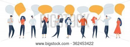 Group Of People With Speech Bubble. Women And Men Communicate, Talk, Discuss, Debate, Reason, Prove,