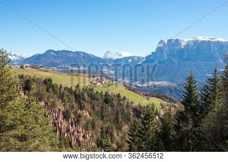 Natural Earth Pyramids In Renon Ritten Italy. Aerial View