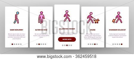 Walk People Motion Onboarding Icons Set Vector. Human Walk With Dog And Luggage, With Case And Backp