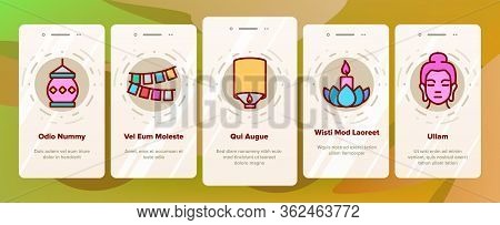 Vesak Day Buddhism Onboarding Icons Set Vector. Buddha Statue And Figure, Lotus Flower And Lantern, 