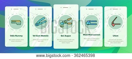 Garlic Press Utensil Onboarding Icons Set Vector. Garlic Press Kitchenware Equipment, Stainless Kitc
