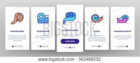 Adhesive Tape Scotch Onboarding Icons Set Vector. Medicine Plaster Bandage, Roll Adhesive Tool, Offi