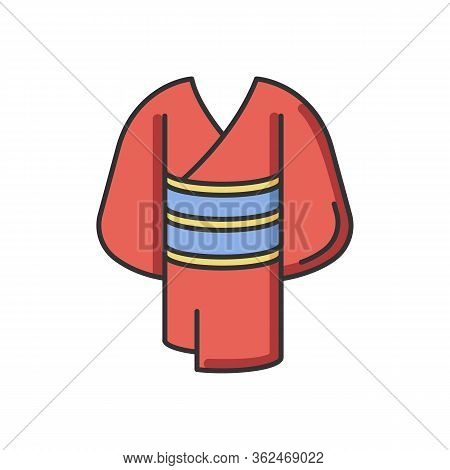 Kimono Red Rgb Color Icon. Traditional Japanese Dress With Obi Belt. Oriental Yukata. Ethnic Asian C