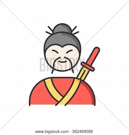 Samurai Rgb Color Icon. Asian Martial Arts Fighter. Old Man With Moustache And Katana. Chinese Medie
