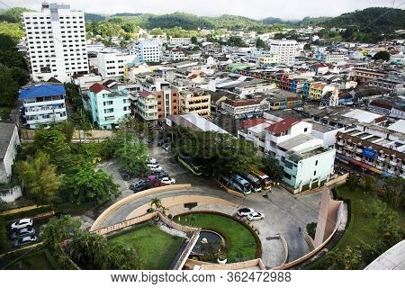 Aerial View Landscape And Cityscape With Traffic Road Of Betong Town In Southern Thai From Top Of Re