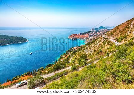Aerial Panoramic View Of The Old Town Of Dubrovnik From Srd Mountain On A Sunny Day. Location:  Dubr