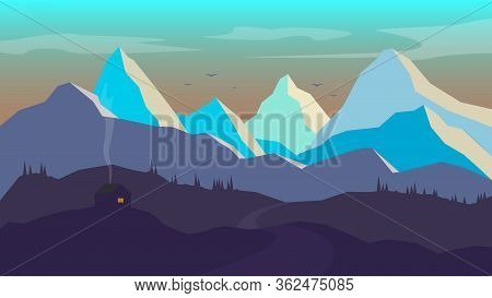 Dawn Landscape With Mountains And Little House