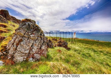 Stunning View Of Skarsviti Lighthouse In Vatnsnes Peninsula On A Clear Day In North Iceland. Locatio