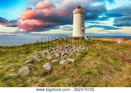 Stunning View Of Skarsviti Lighthouse In Vatnsnes Peninsula On A Clear Day In North Iceland. Locatio