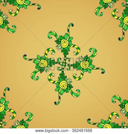 Doodles Yellow, Beige And Green On Colors. Print. Fashionable Fabric Pattern. Design Wrapping And Gi
