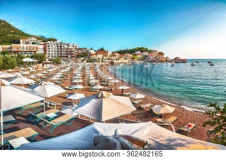 Picturesque Summer View Of Adriatic Sea Coast In Budva Riviera Near Przno Village. Cozy Beach And Bu
