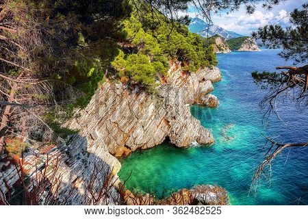 Shoreline And Adriatic Sea Scenic Landscape On The Coast Path To Petrovac.  Location: Petrovac Town,