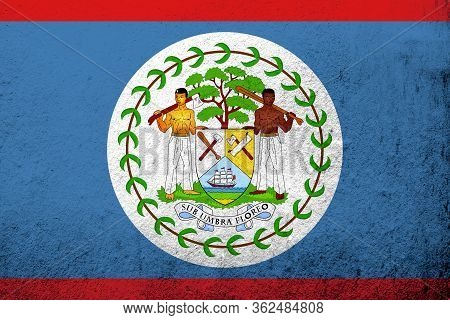 National Flag Of Belize With Coat Of Arms. Grunge Background