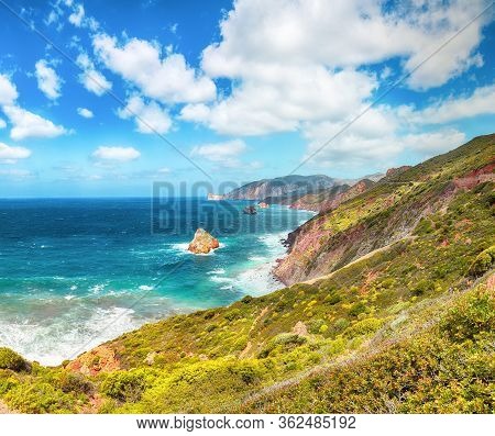 Amazing Spring View Of Nebida And Masua Coast And Pan Di Zucchero On Background.  Location:  Nebida,