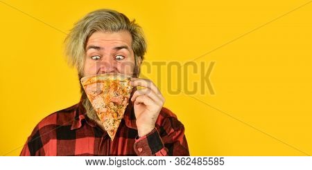 Good To Last Slice. Hungry Man Going To Eat Pizza Alone. Cheesy Taste. In Mood For Italian Food. Man