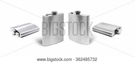 Stainless Hip Flask To Use Alcohol Complect Isolated On White Background