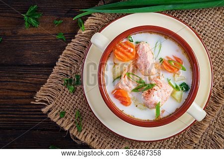 Kalakeitto. Creamy Soup With Salmon, Potatoes, Onions And Carrots And  In A Bowl. Finnish/ Karelian 