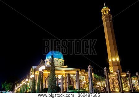 Beautiful Mosque, Islamic Temple, Illuminated By Lights At Night