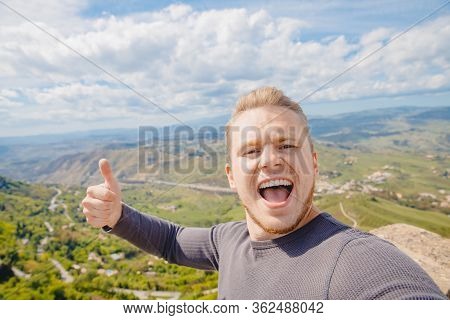 Selfie Photo Traveler Man Smiling Castello Di Lombardia In Enna Sicily, Italy