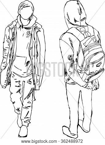 Hand Drawn Vector Black And White Boys Illustration. Sketch Boys. Men In Front And Behind In Doodle 