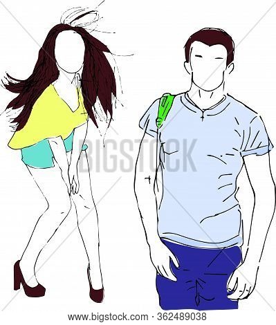 Fashion People. Outline Vector Illustration. Man And Woman. Hand Drawn Sketch