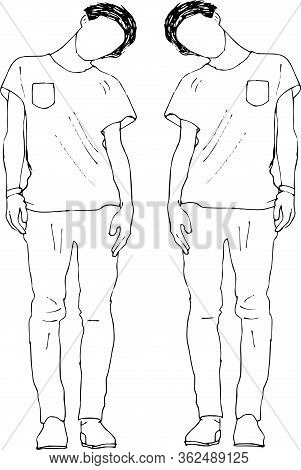 Sketch Of People, Hand Drawn Vector Illustration. Outline Young Man With Reflection In Doodle Style