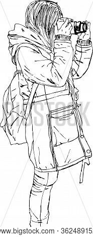 Sketch Of People, Vector Illustration, Hand Drawing. Girl With Camera