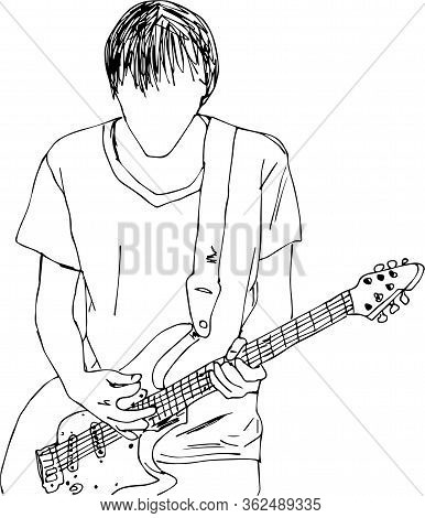 Sketch Of People, Vector Illustration, Hand Drawing. Outline Man With Electric Guitar In Doodle Styl