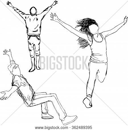 Sketch Of People, Vector Illustration, Hand Drawn. Outline Boys And Girl With Hands Up. Concept Of H