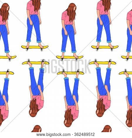 Seamless Background Vector Pattern With Hand Drawn Isolated Girls On Skateboard