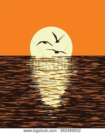 Vector Background Of Sea And Evening Sunset Of The Sun. Illustration Of Light Reflection Of Sunlight