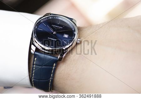 Saint-imier, Switzerland 31.03.2020 - Closeup Fashion Image Of Longines Watch On Wrist Of Man Longin