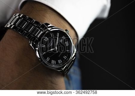 Saint-imier, Switzerland 31.03.2020 - Closeup Fashion Image Of Longines Watch On Wrist Of Man: Mans 