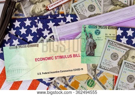 Covid 19 Lockdown Stimulus Bill Global Pandemic Us Dollar Cash Banknote On American Flag