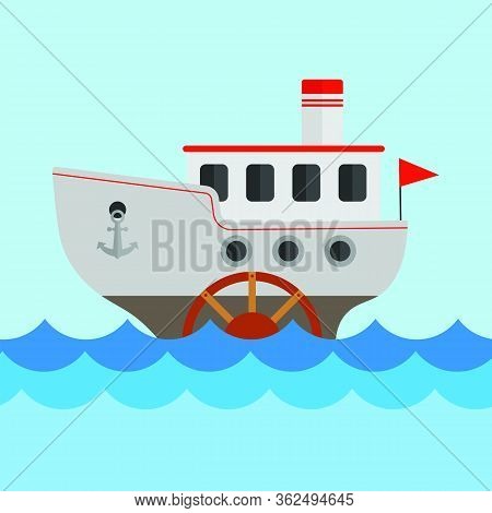 Vector Children's Drawing Of A Steamship. The Ship Sails On The Sea. Vector Illustration