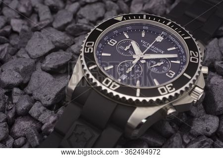 Ibach, Switzerland 31.03.2020 - The Close Up Of Victorinox Man Watch Stainless Steel Case Swiss Quar