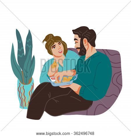 Time Together Couple In Love Sitting On Couch, Talking And Eating. Romantic Diner At Home.