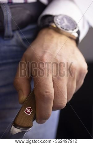 Ibach, Switzerland 31.03.2020 - Closeup Fashion Image Of Victorinox Watch On Wrist Of Man: Mans Hand