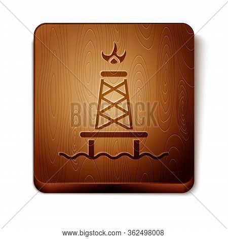 Brown Oil Rig With Fire Icon Isolated On White Background. Gas Tower. Industrial Object. Wooden Squa