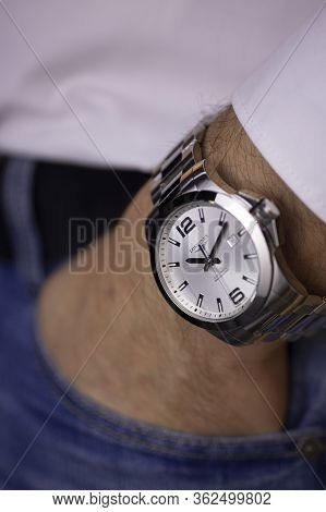 Saint-imier, Switzerland 31.03.2020 - Closeup Fashion Image Of Longines Watch On Wrist Of Man: Mans 