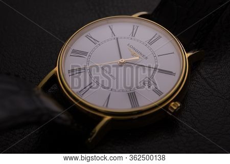 Saint-imier, Switzerland 31.03.2020 - Closeup Image Of Longines Watch Lying On A Black Leather Backg
