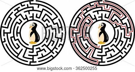 Black Round Maze. Game For Kids. Children S Puzzle. Many Entrances, One Exit. Labyrinth Conundrum.
