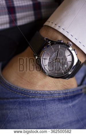 Ibach, Switzerland 31.03.2020 - Closeup Fashion Image Of Victorinox Watch On Wrist Of Man: Mans Hand