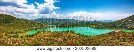 Overview Across The Beautiful Bacina Lakes At Sunny Day
Location:  Bacina, Dalmatia, Croatia, Europe