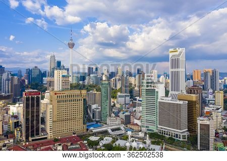Kuala Lumpur, Malaysia - April 19, 2020: Aerial View Of Kuala Lumpur Cityscapes Skyline. Banking Bui